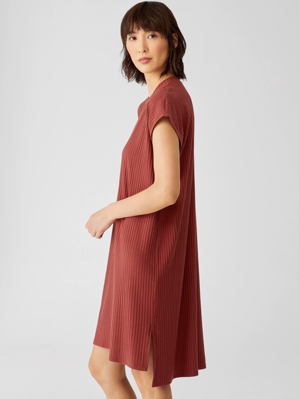 Eileen Fisher Rust Orange Textured Stretch Rib Crew Neck Dress Large - Picture 2 of 15